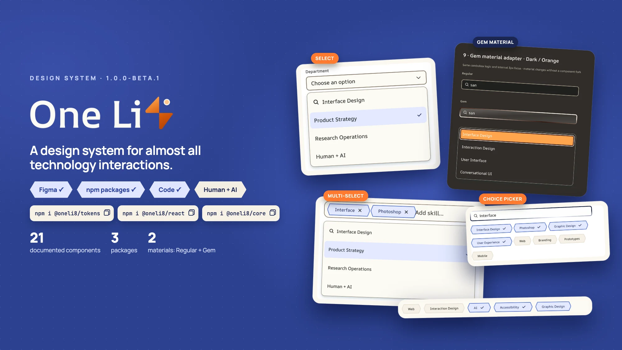 One Li8 poster: a design system for almost all technology interactions, with Figma, npm packages and code, install commands and select, gem material, multi-select and choice picker components