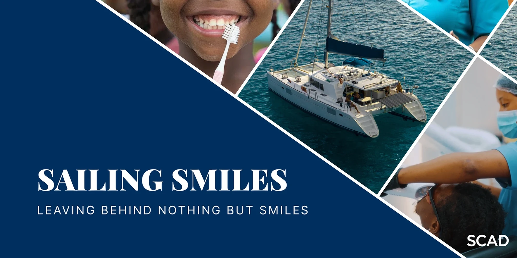 Sailing Smiles — leaving behind nothing but smiles: a catamaran, a child with a toothbrush and Caribbean dental care