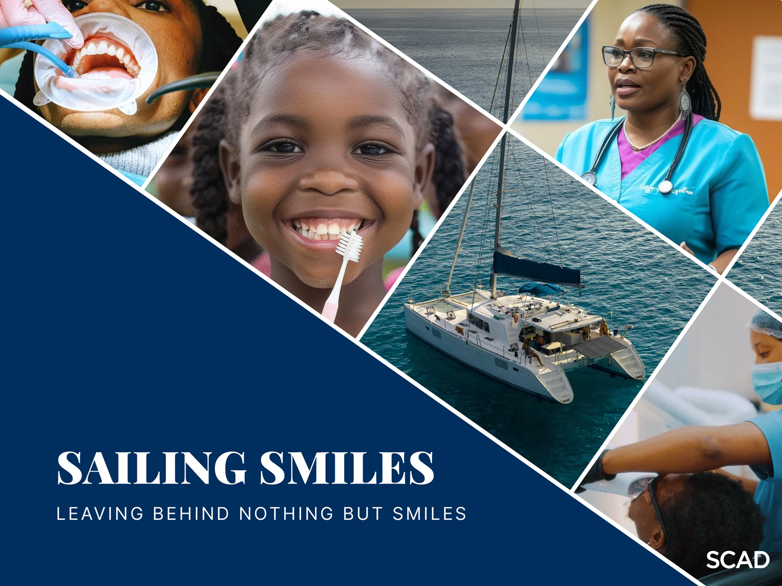 Sailing Smiles: a smiling child with a toothbrush, a dental professional and the catamaran clinic