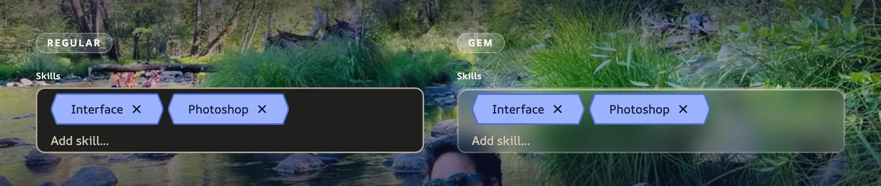 Regular and Gem Multi-select Fields with Interface and Photoshop tokens over the same photo: the Gem field is frosted and see-through