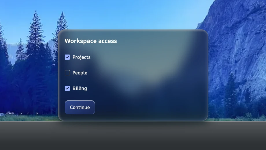 A One Li8 Gem slab resting on a stone ledge in Yosemite Valley: a translucent face with a lit cut-edge bezel, holding near-white Workspace access checkboxes and a Gem Continue button