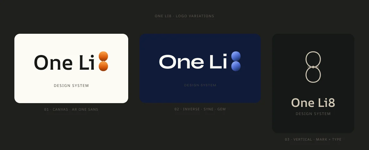 Three One Li8 logo variations: cream canvas, inverse navy and a vertical mark with type