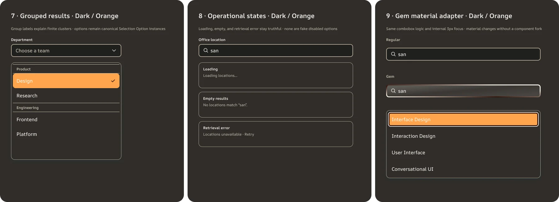 The same material study in dark theme with orange primary
