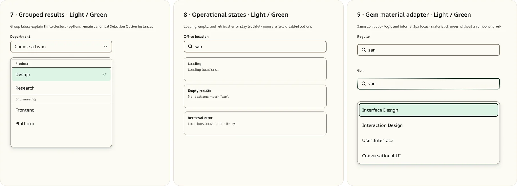 Material study in light theme with green primary: grouped results, operational states and the Gem material adapter