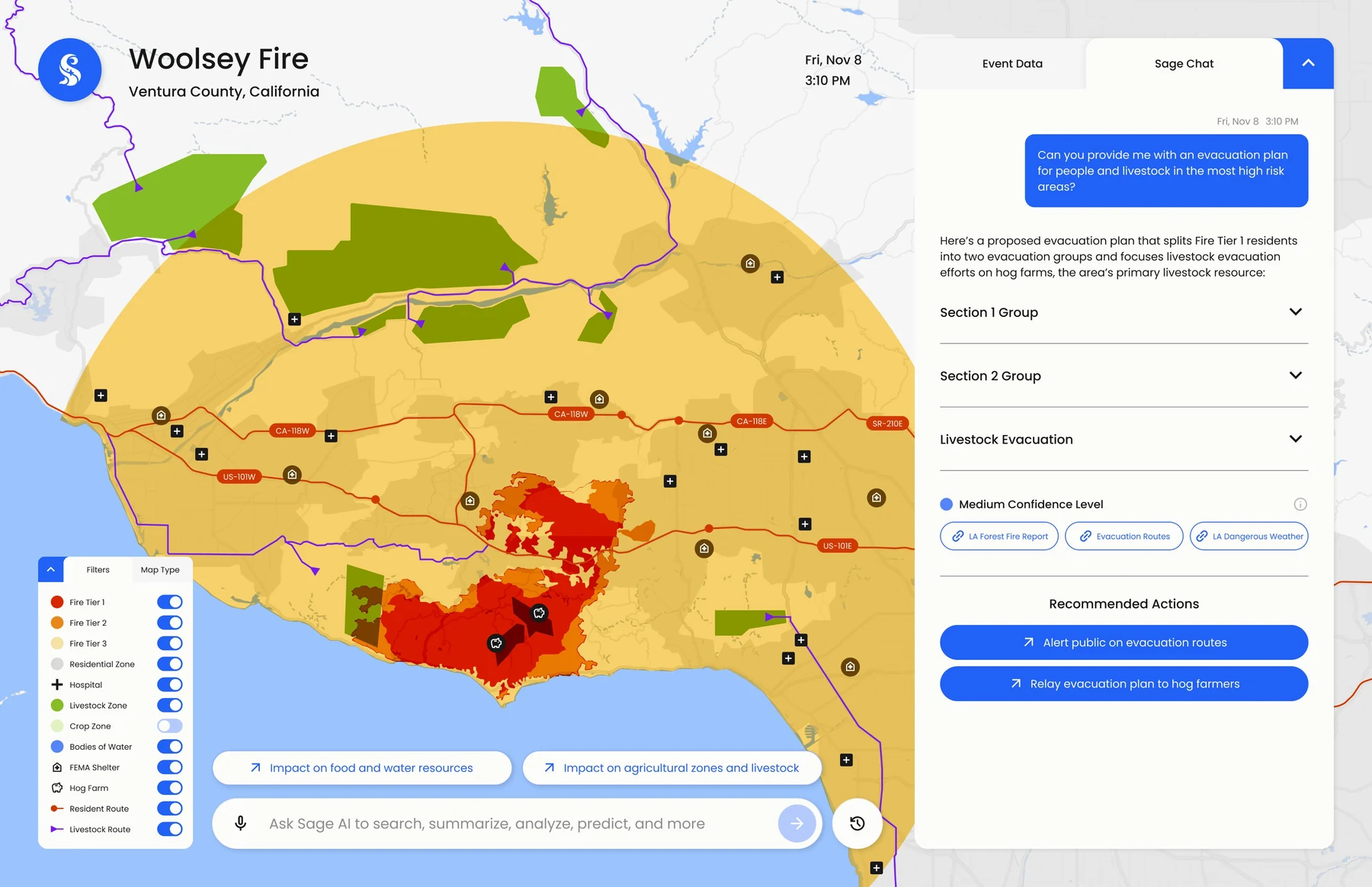 SAGE evacuation plan: resident and livestock routes on the map, AI plan in chat with confidence level and actions