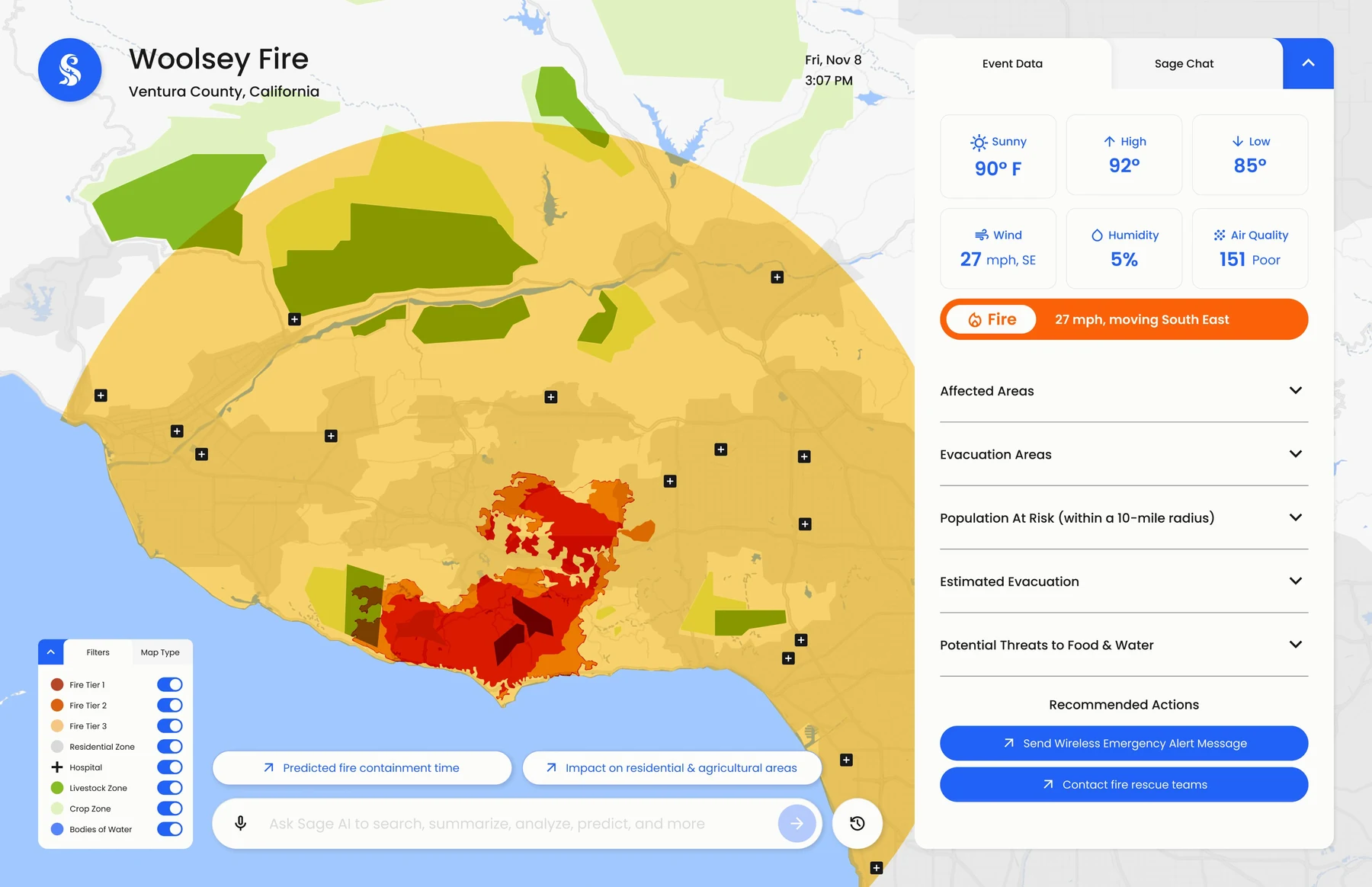 Redesigned SAGE event map: Woolsey Fire zones, live event data, recommended prompts and actions