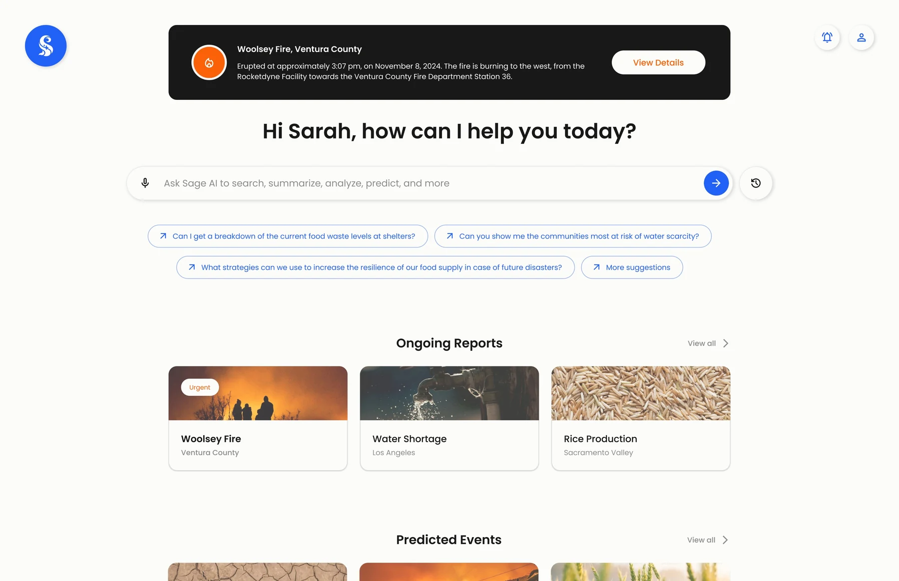 Redesigned SAGE home: live Woolsey Fire alert, AI search, suggested questions and ongoing reports