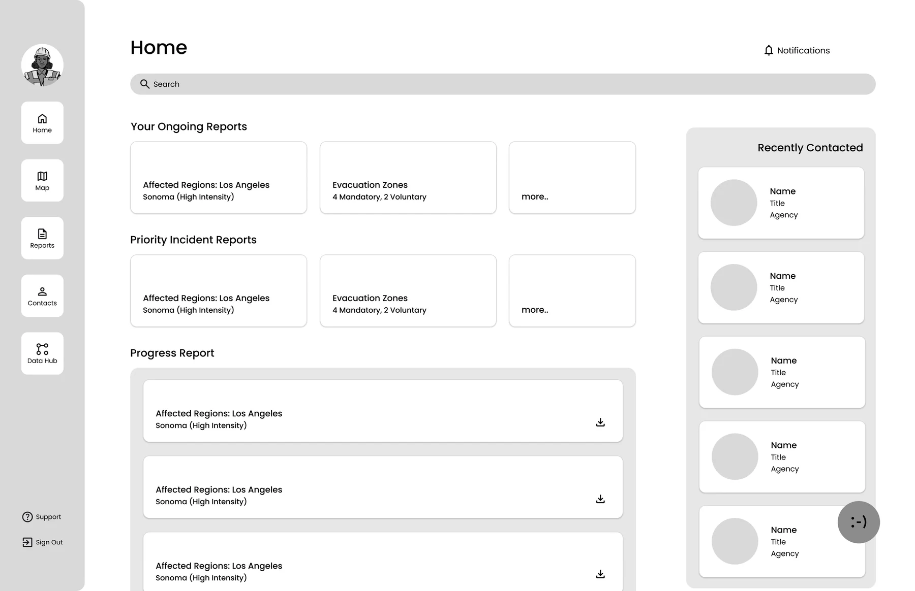 Early SAGE home wireframe: report dashboard with progress reports and recently contacted people