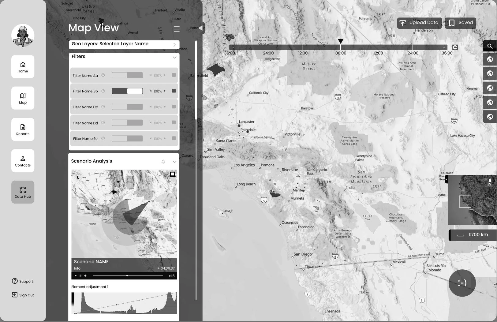 Early SAGE map view with a tool sidebar, layer filters and scenario analysis charts