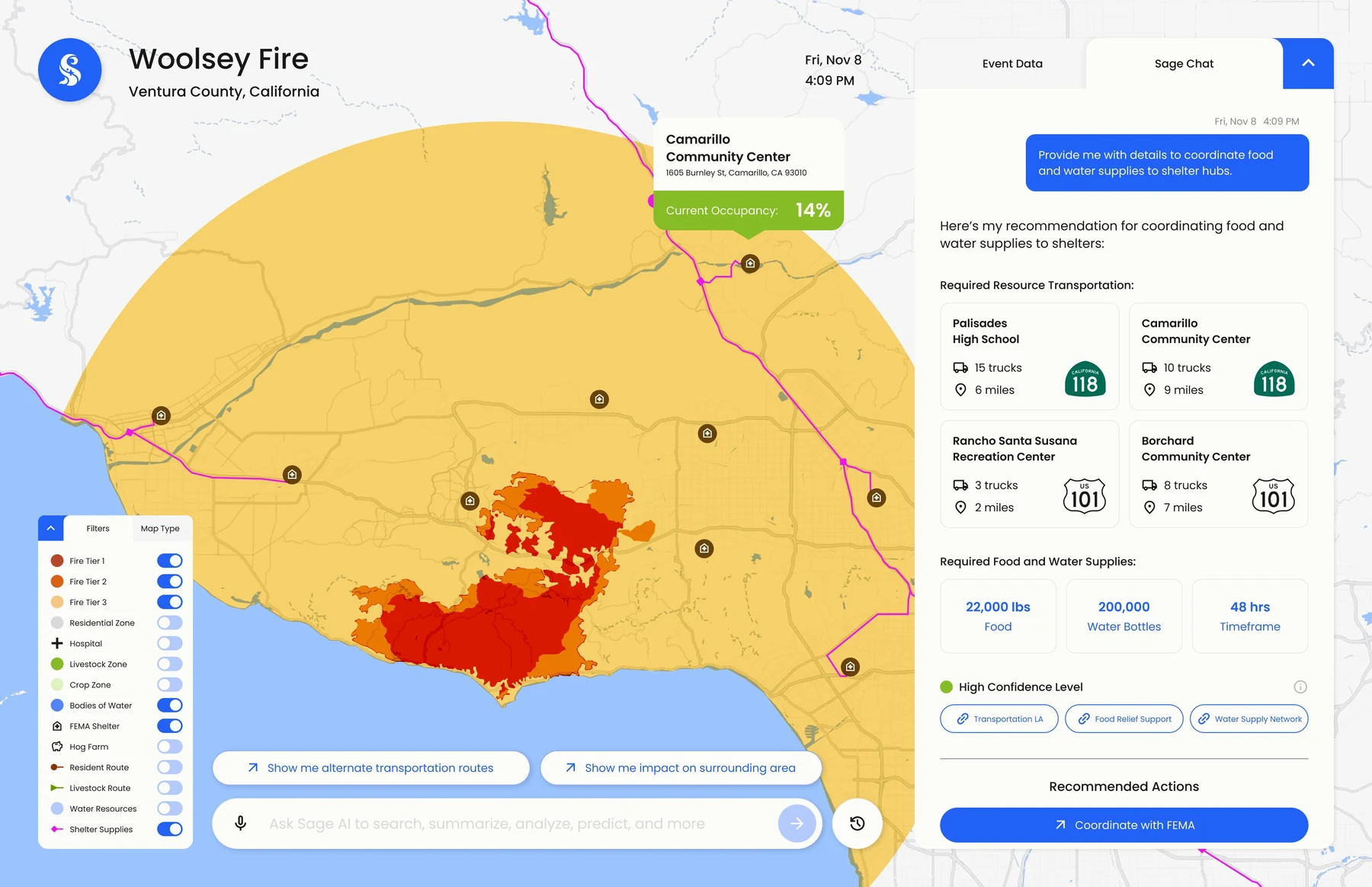 SAGE resource planning: shelter occupancy, truck routes, required food and water, and supply partners on a live map
