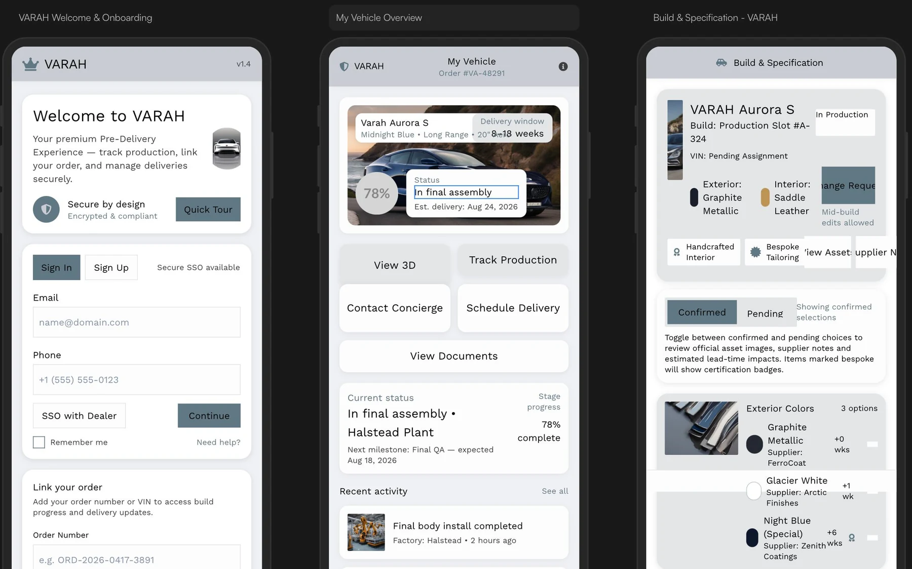 Early VARAH concept screens: onboarding, a vehicle overview with a percentage and buttons, and build specification detail
