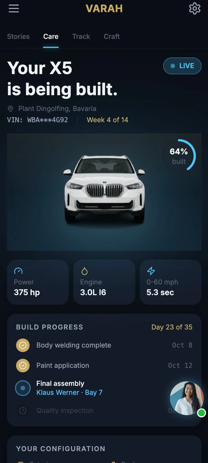 VARAH buyer home: your X5 is being built, live Digital Twin, specs and build progress with the Specialist