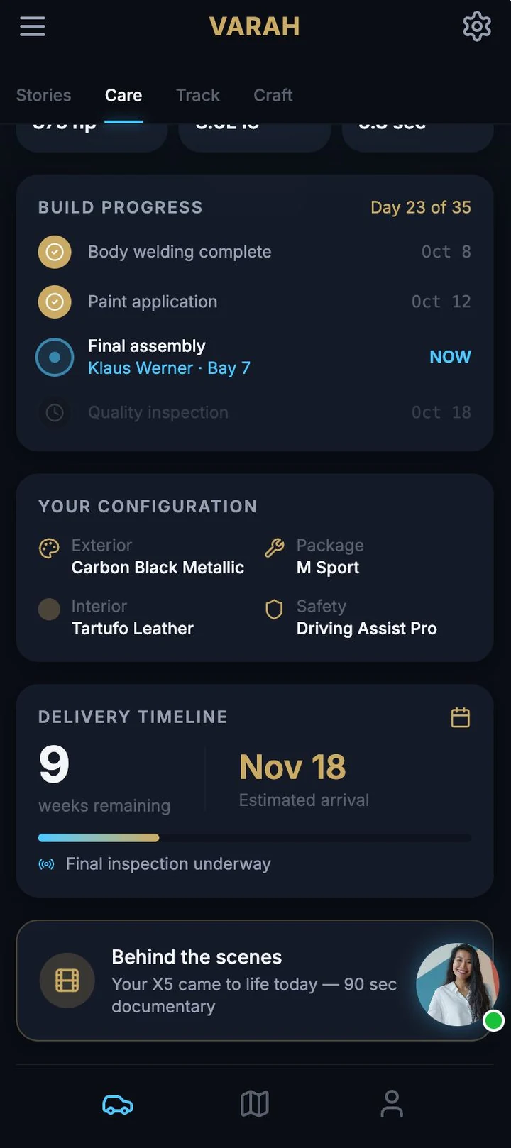 VARAH build progress: named milestones, configuration, delivery countdown and a behind-the-scenes story