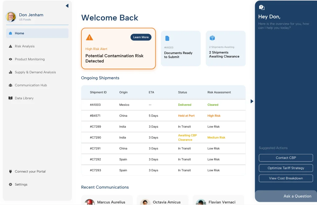 The platform home screen with a high-risk alert, shipment table and suggested actions