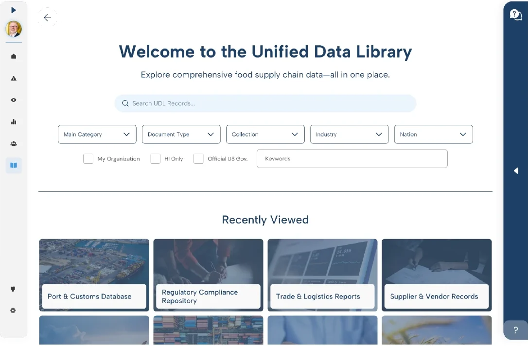 The Unified Data Library screen with search, filters and recently viewed collections
