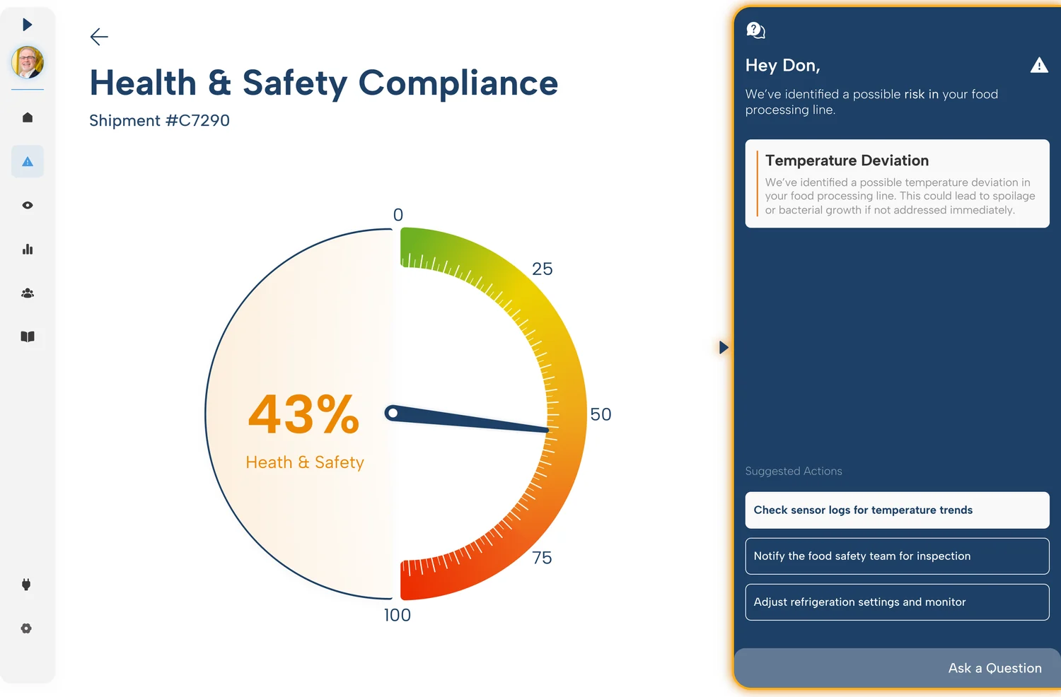 A health and safety compliance screen showing a risk score and suggested actions